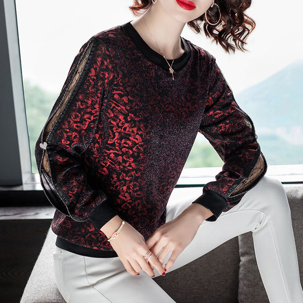 Piros és arany színű női blúz O-nyakkal és kövekkel