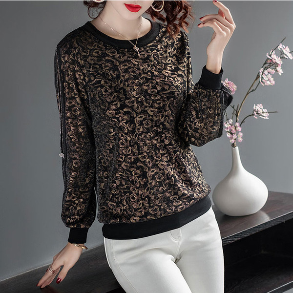 Piros és arany színű női blúz O-nyakkal és kövekkel