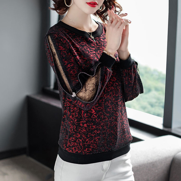 Piros és arany színű női blúz O-nyakkal és kövekkel