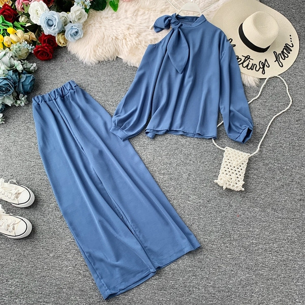 Set elegant de dama - bluza cu panglica si pantaloni largi in diferite culori