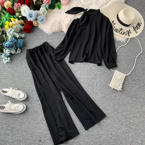 Set elegant de dama - bluza cu panglica si pantaloni largi in diferite culori