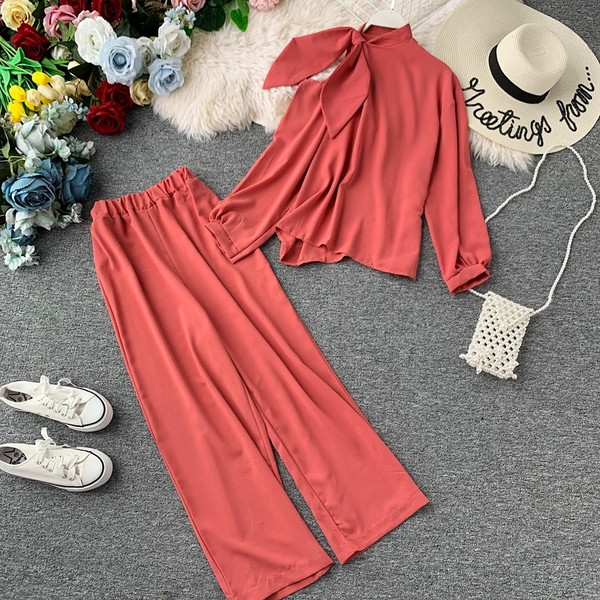 Set elegant de dama - bluza cu panglica si pantaloni largi in diferite culori