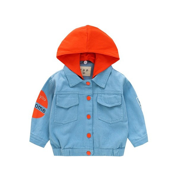 Μοντέρνο παιδικό τζιν μπουφάν  για κορίτσια με εφαρμογή και κουκούλα σε ροζ και μπλε χρώμα