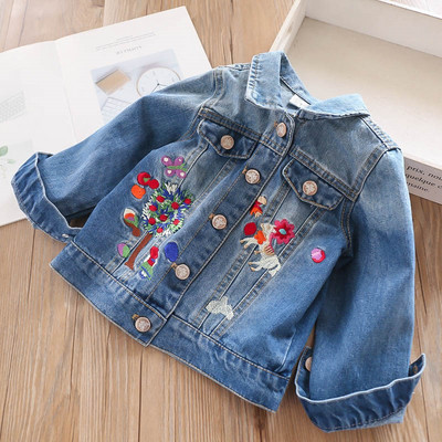 Μοντέρνο παιδικό τζιν μπουφάν για κορίτσια με κεντήματα σε δύο χρώματα