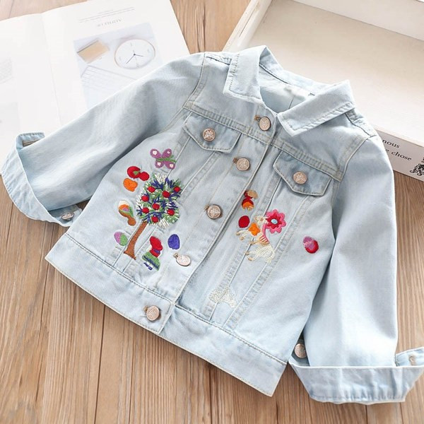 Μοντέρνο παιδικό τζιν μπουφάν για κορίτσια με κεντήματα σε δύο χρώματα