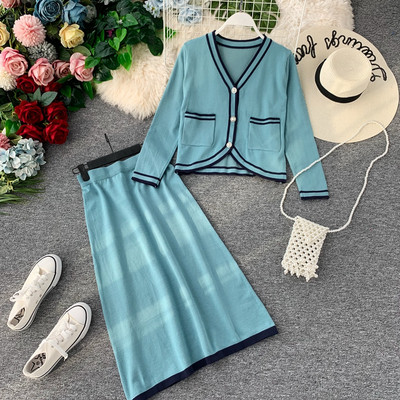 Set elegant pentru femei, care include un cardigan și o fustă lungă în mai multe culori