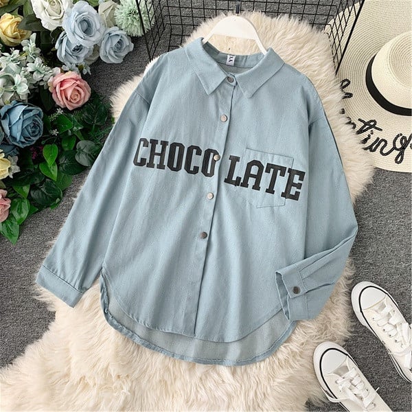 Cămașă modernă de damă din denim model larg cu inscripție în mai multe culori