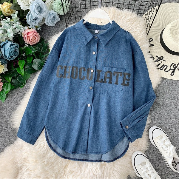 Cămașă modernă de damă din denim model larg cu inscripție în mai multe culori