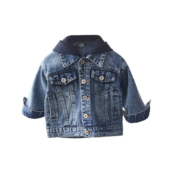 Új modell gyerek farmerdzseki fiúknak kék színű rátéttel és kapucnival