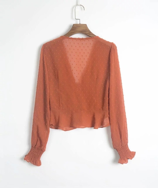 Νέο μοντέλο γυναικεία μπλούζα  με  κορδόνια και λαιμόκοψη στο πορτοκαλί και λευκό χρώμα