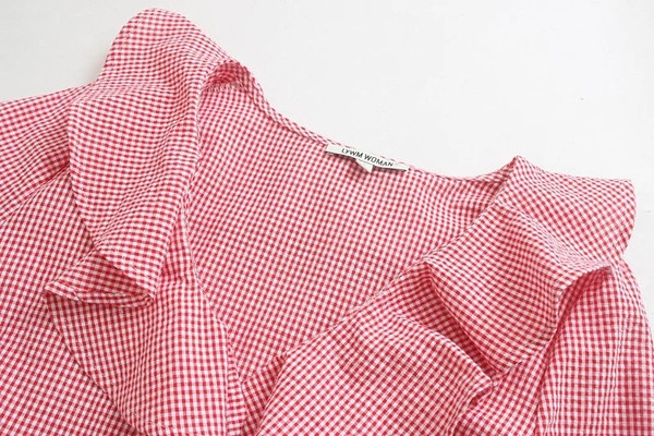 Modern női kockás blúz 7/8 ujjal - piros színű