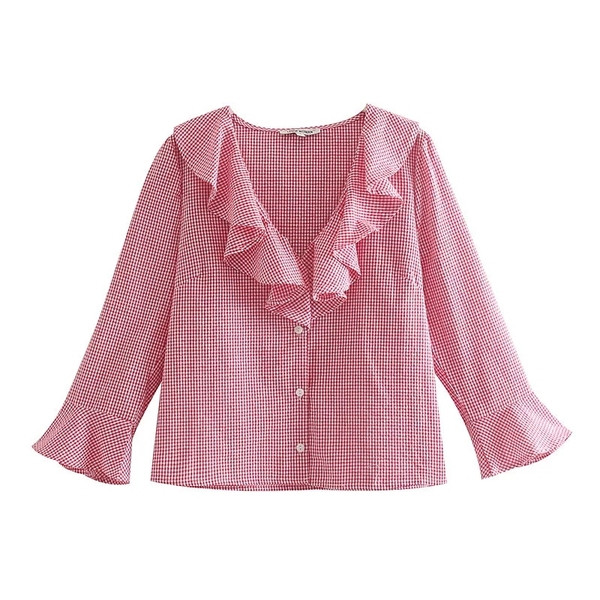 Modern női kockás blúz 7/8 ujjal - piros színű