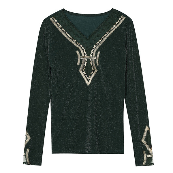 Stílusos női blúz három színben V-nyakkal és hímzéssel