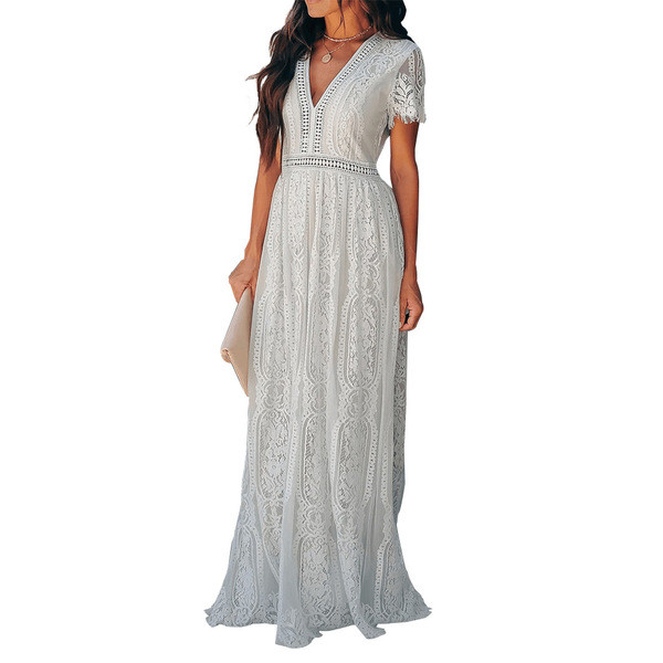 Rochie lungă de damă elegantă, cu mâneci scurte și dantelă în alb