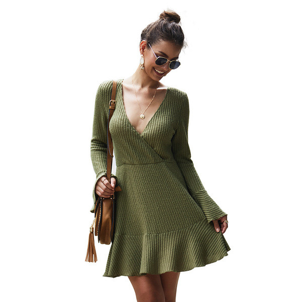 Rochie casual de dama cu decolteu in V in verde si albastru