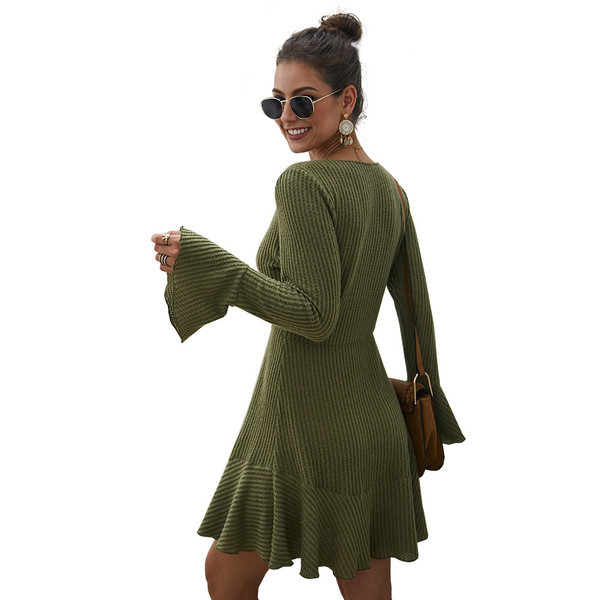 Rochie casual de dama cu decolteu in V in verde si albastru
