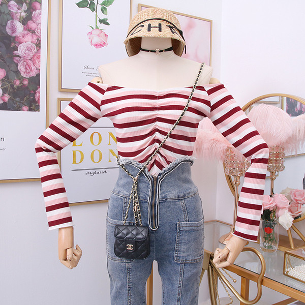 Νέο μοντέλο ριγέ μπλούζα με γυμνούς ώμους - διάφορα χρώματα