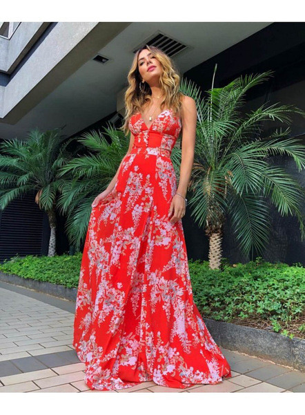 Μακρύ γυναικείο φόρεμα με λωρίδες όμου σε κόκκινο χρώμα