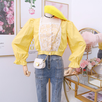 Cămașă modernă de damă cu dantelă și nasturi în galben și verde