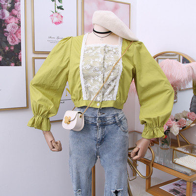 Cămașă modernă de damă cu dantelă și nasturi în galben și verde