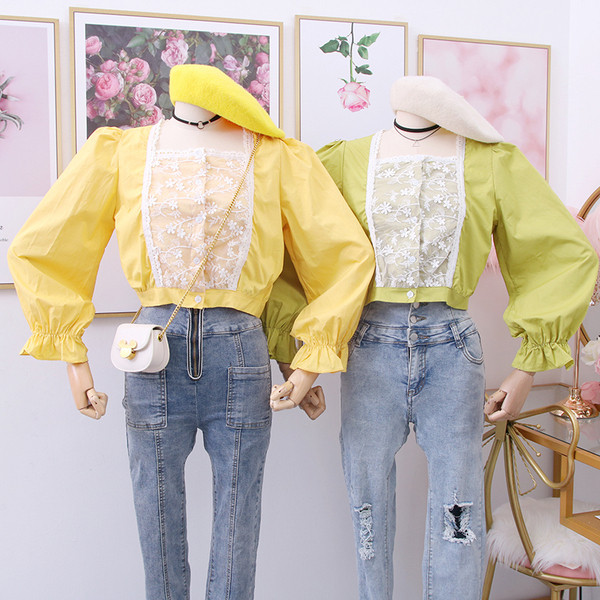 Cămașă modernă de damă cu dantelă și nasturi în galben și verde