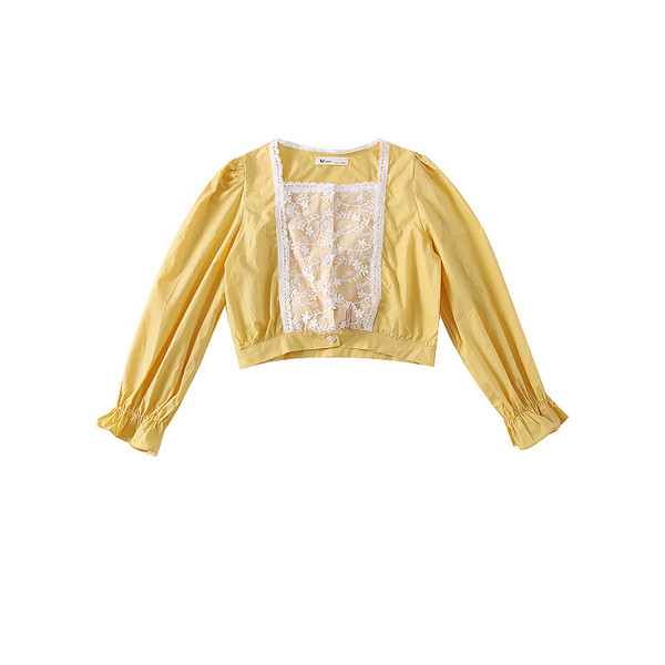 Cămașă modernă de damă cu dantelă și nasturi în galben și verde