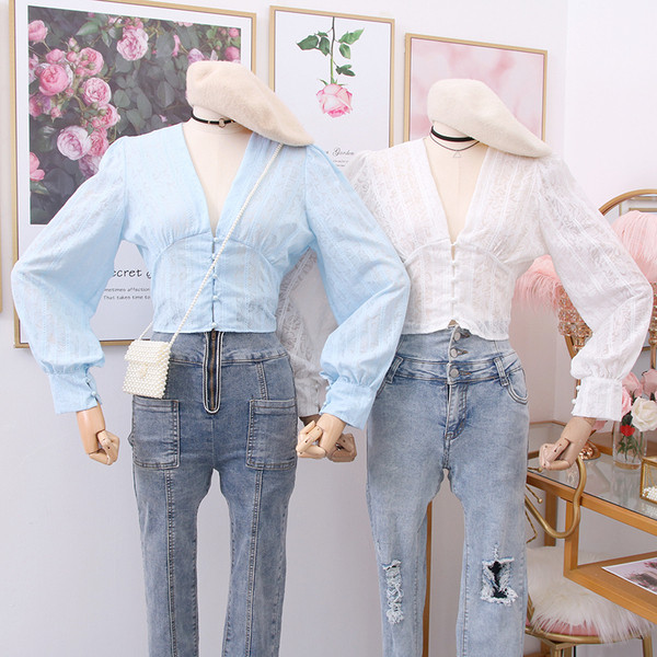 Camasa de dama model nou cu decolteu spitz in alb si albastru