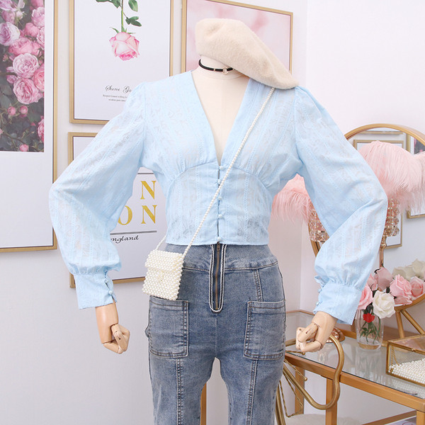 Camasa de dama model nou cu decolteu spitz in alb si albastru