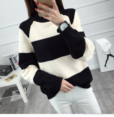 Γυναικείο ριγέ χειμωνιάτικο πουλόβερ με ψηλό κολάρο