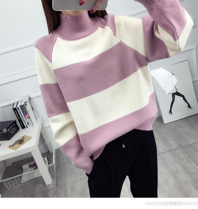 Γυναικείο ριγέ χειμωνιάτικο πουλόβερ με ψηλό κολάρο