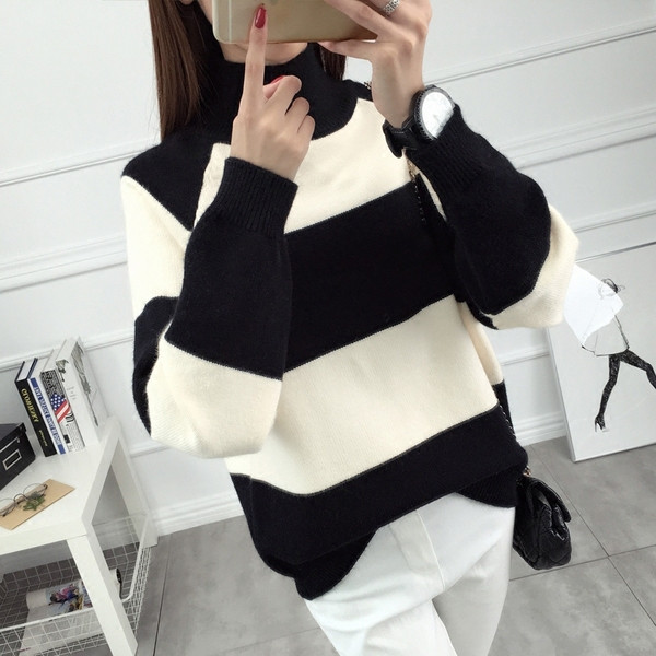 Γυναικείο ριγέ χειμωνιάτικο πουλόβερ με ψηλό κολάρο 