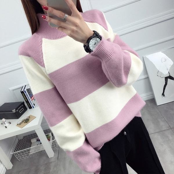 Γυναικείο ριγέ χειμωνιάτικο πουλόβερ με ψηλό κολάρο 