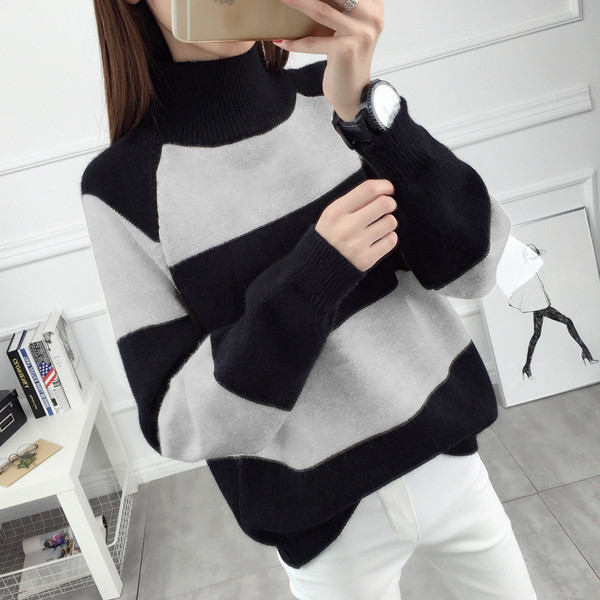 Γυναικείο ριγέ χειμωνιάτικο πουλόβερ με ψηλό κολάρο 