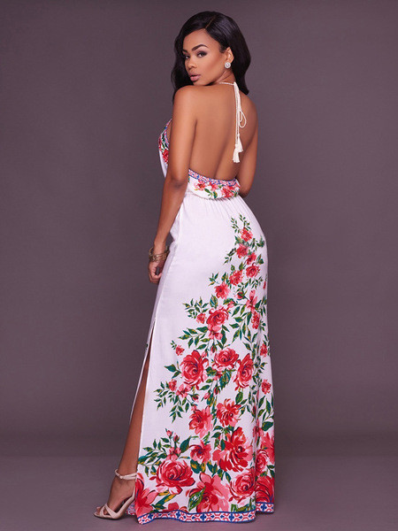 Rochie lunga de dama casual cu bretele subtiri si model floral