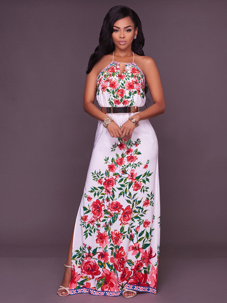 Rochie lunga de dama casual cu bretele subtiri si model floral