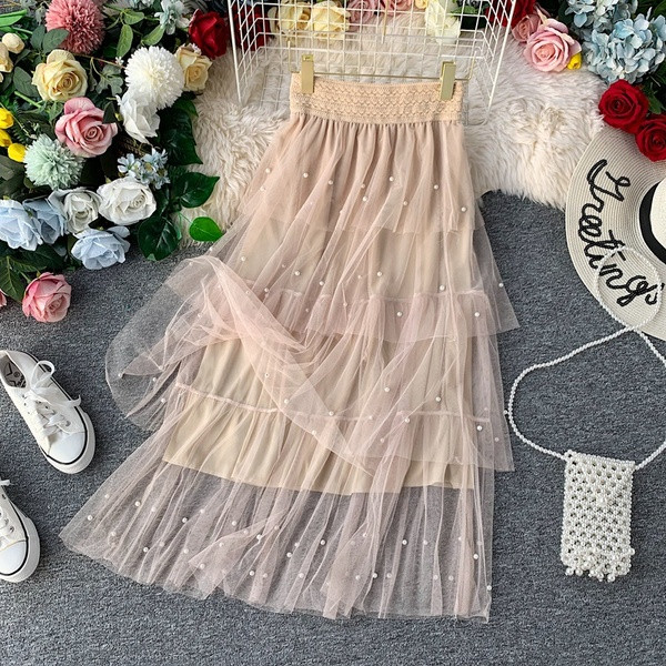 Μοντέρνα γυναικεία μακρύ φούστα με τούλι και πέρλες  σε διάφορα χρώματα