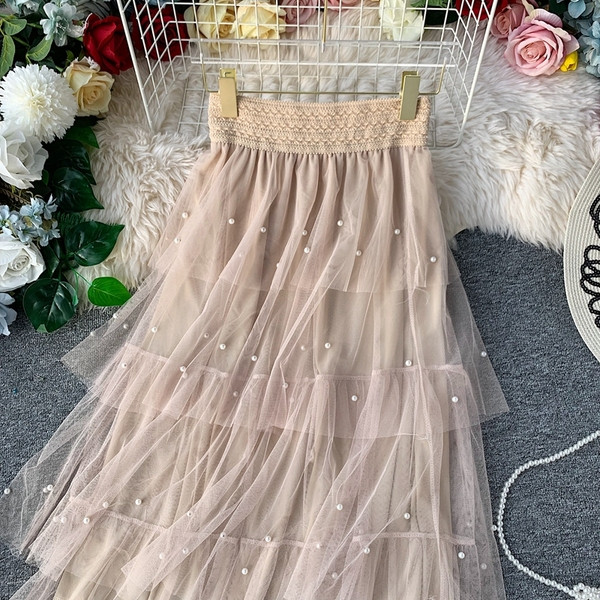 Μοντέρνα γυναικεία μακρύ φούστα με τούλι και πέρλες  σε διάφορα χρώματα