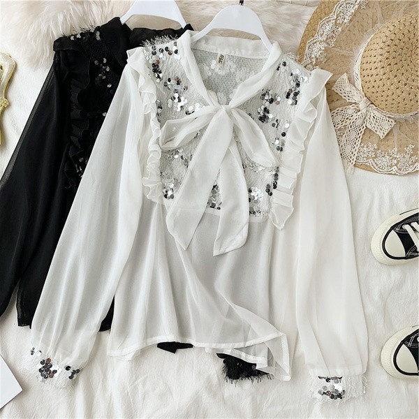 Cămașă de damă cu panglică și paiete în alb-negru