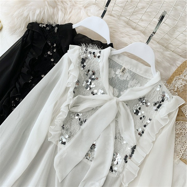 Cămașă de damă cu panglică și paiete în alb-negru