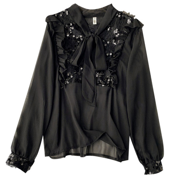 Cămașă de damă cu panglică și paiete în alb-negru