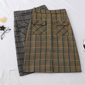 Kockás női szoknya magas derékkal, szürke és barna színben