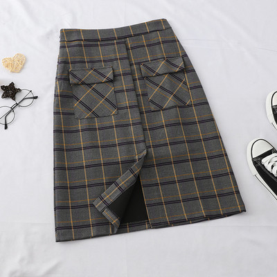 Kockás női szoknya magas derékkal, szürke és barna színben