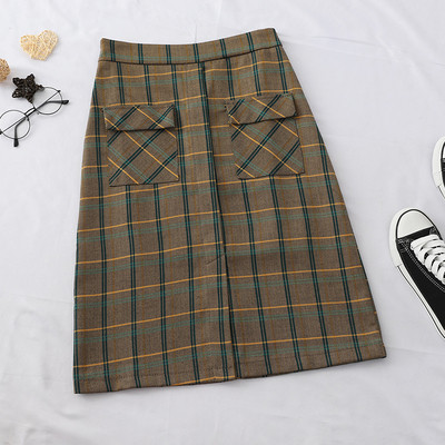 Kockás női szoknya magas derékkal, szürke és barna színben