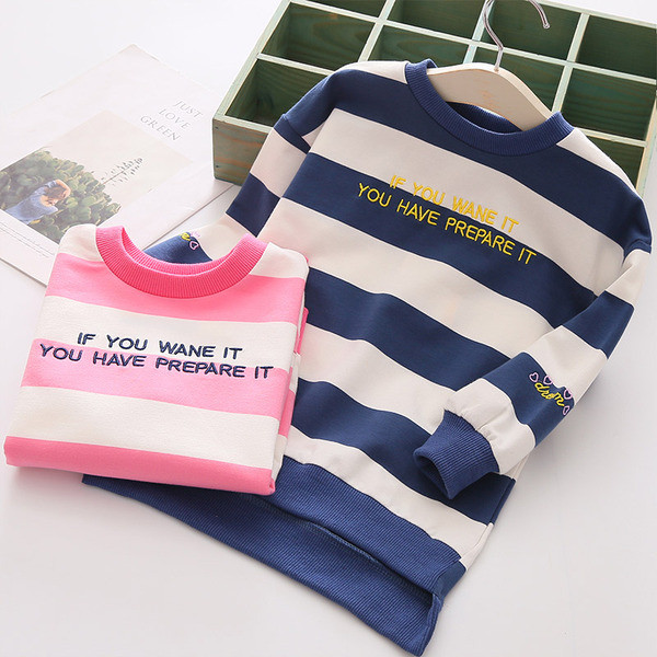 Модерна детска раирана блуза за момичета в розов и син цвят
