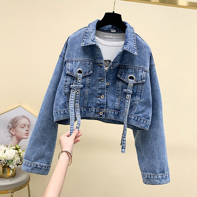 Γυναικείο τζιν μπουφάν - σύντομο μοντέλο σε μπλε χρώμα