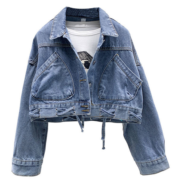 Jachetă de denim de damă cu decolteu în V în albastru