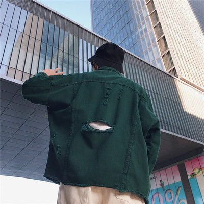 Casual  ανδρικό μπουφάν με σκισμένα μοτίβα σε μαύρο και πράσινο χρώμα