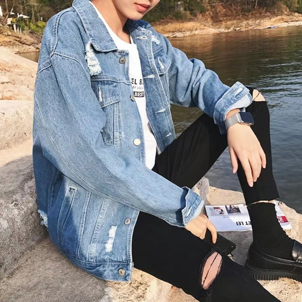 Geaca barbati din denim model larg cu motive rupte de culoare deschisa