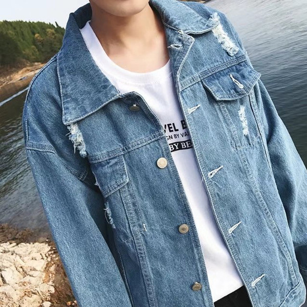 Geaca barbati din denim model larg cu motive rupte de culoare deschisa