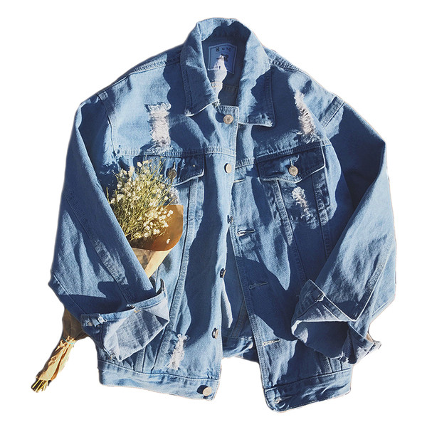 Geaca barbati din denim model larg cu motive rupte de culoare deschisa